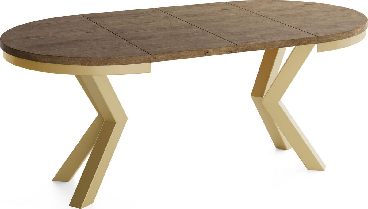 ESSTISCH Clara Gold runder ausziehbarer, Lefkas Eiche 100-180/100/76 cm - Alteiche/Goldfarben, Holzwerkstoff/Metall (100/100/76cm) - WFL GROUP