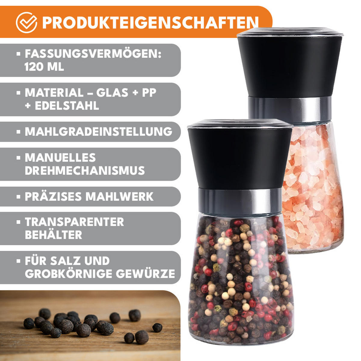 GEWÜRZMÜHLE Salz & Pfeffer 2er-Set - Transparent, Glas (5/10/5cm) - KRUMAD