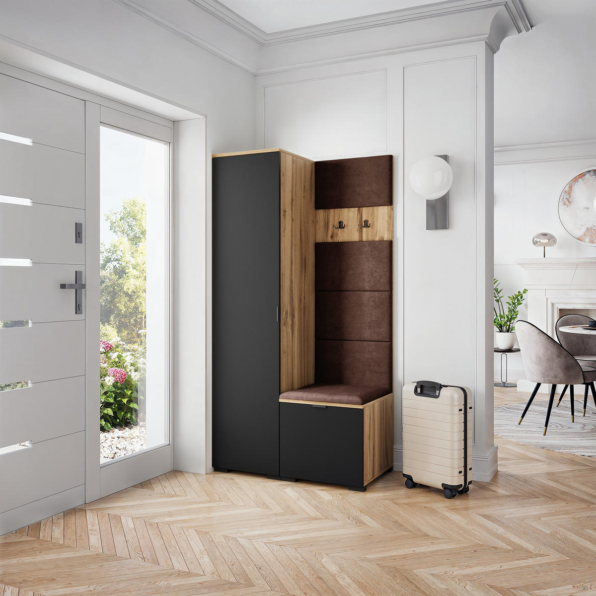 GARDEROBENSCHRANK LORI 95/181/51 cm Modern Garderobe-Set Eiche Wotan - Eiche Wotan/Schwarz, Holzwerkstoff (95/181/51cm) - MASSENO