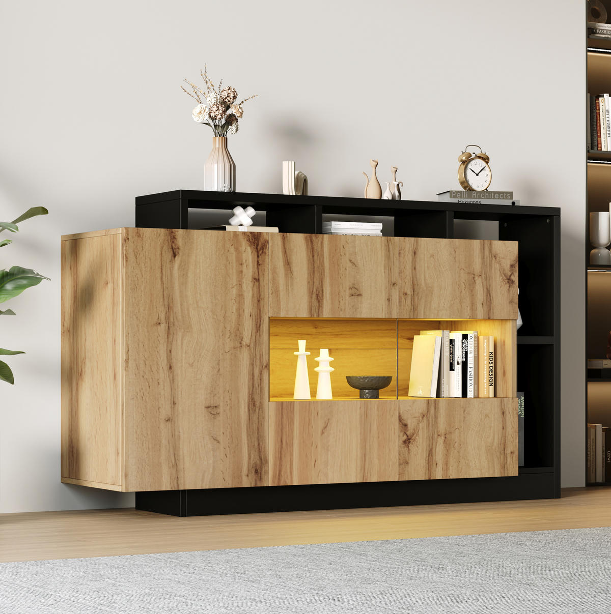 KOMODA 140/44/93,5 cm v barvi lesa s črnim okvirjem z LED-osvetlitvijo in nastavljivimi policami iz MDF in akrila - naravne barve, leseni material (140/93.5/44cm) - OKWISH