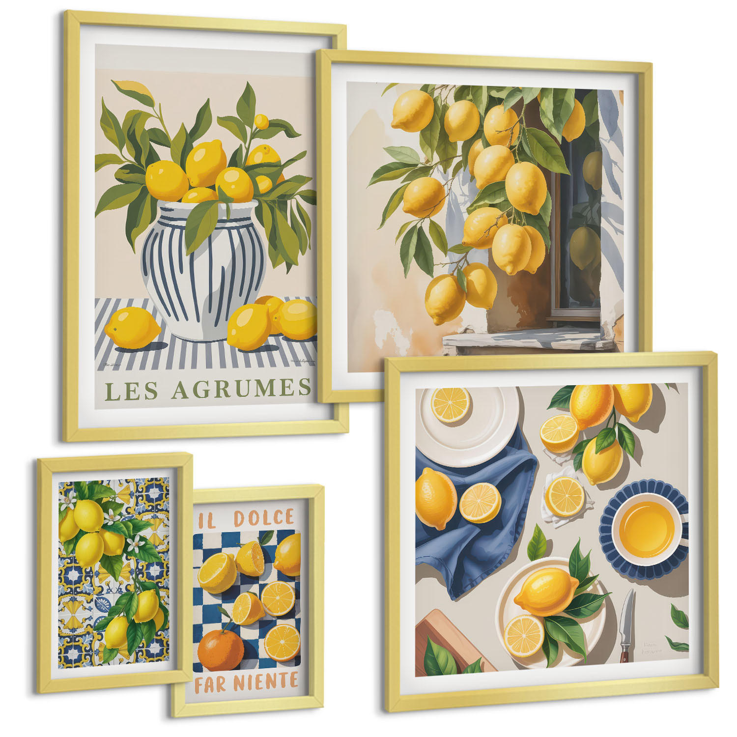 BILDER SET 5er Set - 50x50 cm & 20x30 cm & 40x60 cm Goldrahmen - Rustikale Cocktails mit Olivenblüten - Goldfarben, Kunststoff (40/60cm) - TULUP