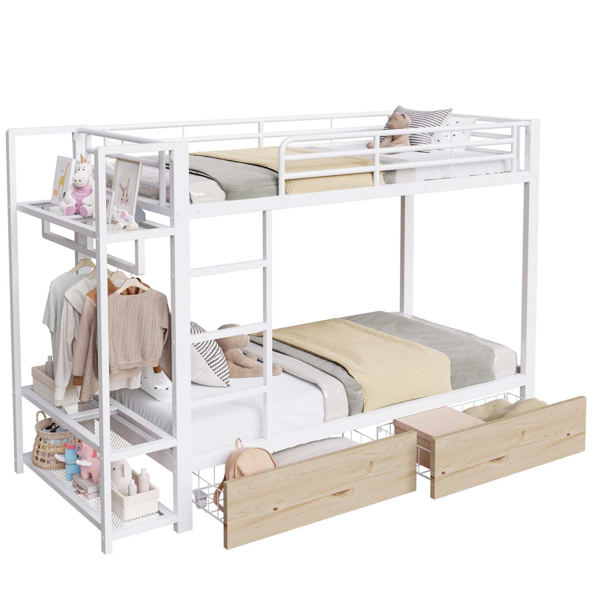 ETAGENBETT aus Metall 90x200 cm Weiß mit LED-Lichtleiste, 2 Schubladen, Ablageflächen und Kleiderstange - Weiß, Metall (90/200cm) - Modfu