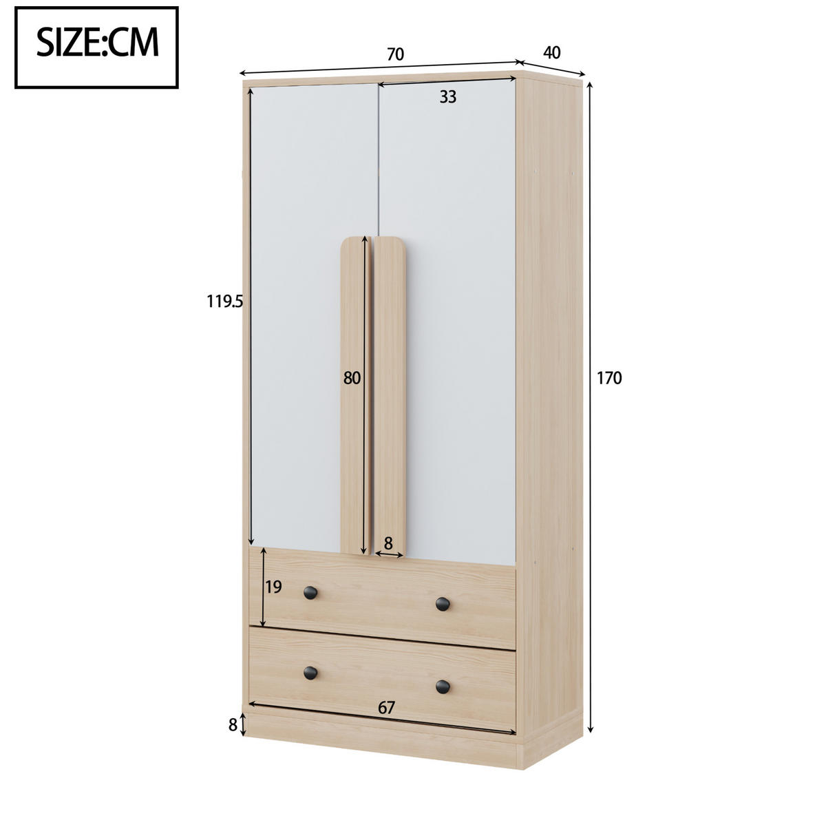 KLEIDERSCHRANK aus Holz 70x40x170 cm Natur/Weiß mit Doppeltüren und 2 Schubladen - Naturfarben, Holzwerkstoff (70/170/40cm) - Modfu