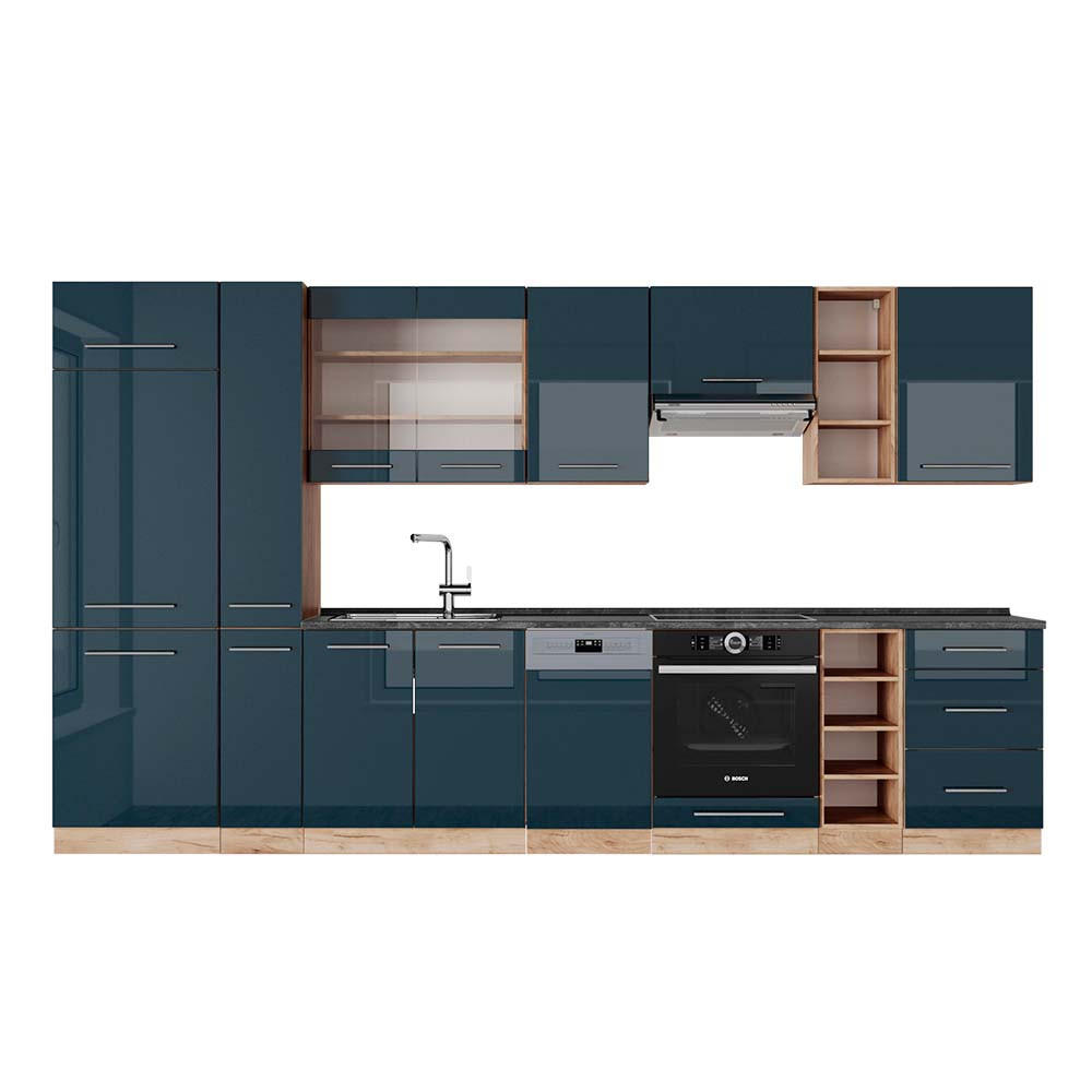 KÜCHENZEILE Fame-Line Dunkelblau Hochglanz/Goldkraft Eiche 355 cm AP Anthrazit - Eiche Wotan/Dunkelblau, Holzwerkstoff (355/81.6/60cm) - Vicco