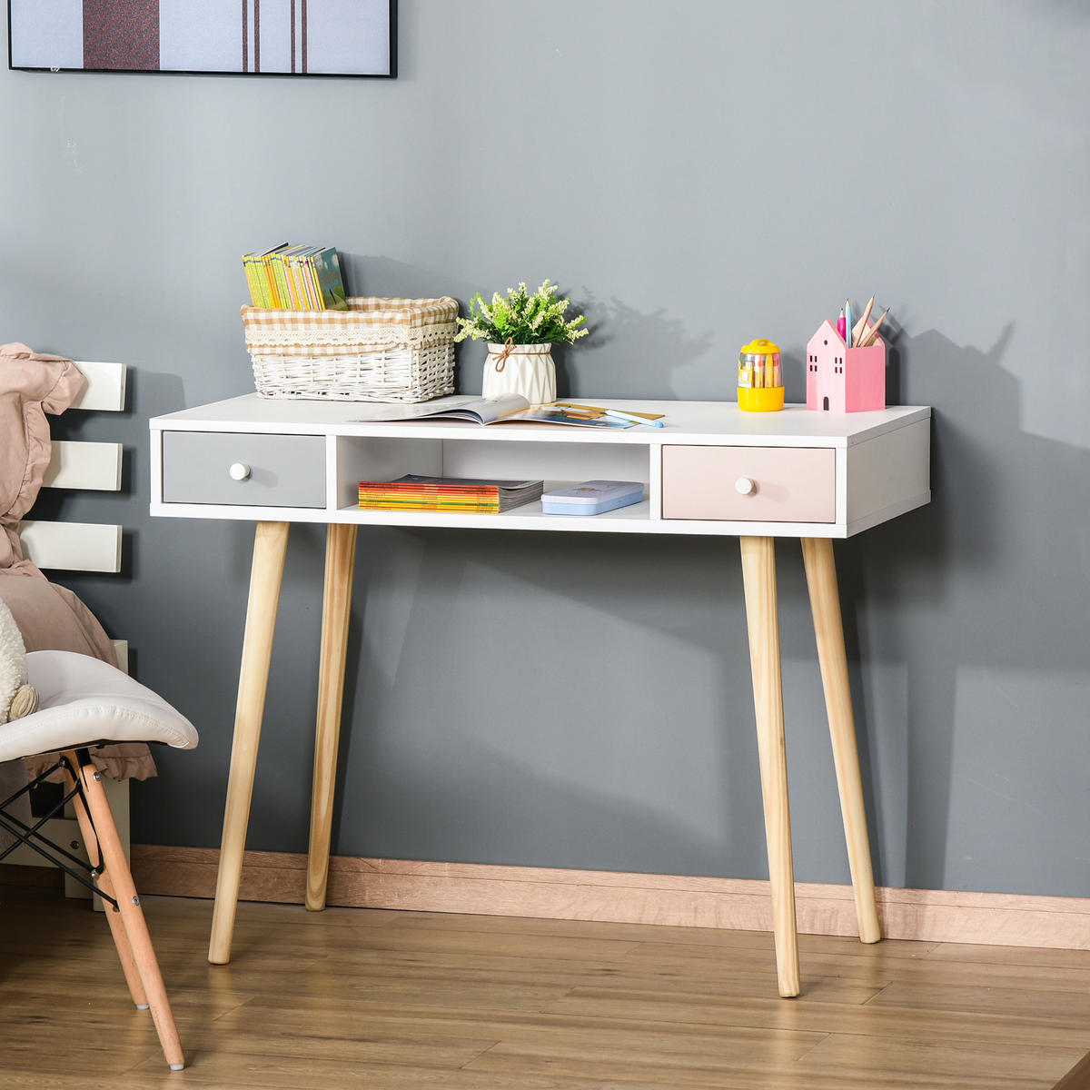 KINDER-SCHREIBTISCH DE-17505 Weiß/Grau/Rosa - Weiß, Holzwerkstoff (100/76.5/48cm) - ComfortXL