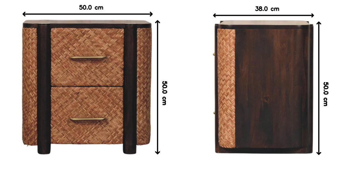 NACHTKASTEN Havana Geflechtfront, 2 Schubladen, Braun - Hellbraun/Messingfarben, Holz/Metall (50/50/38cm) - Artisan Furniture