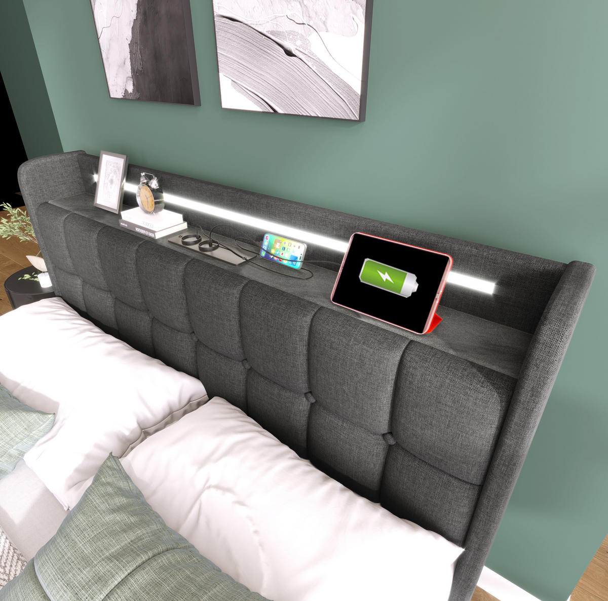 POLSTERBETT 90/200 cm Grau aus Holz mit LED-Beleuchtung - Grau, Holz (90/200cm) - OKMYHOME
