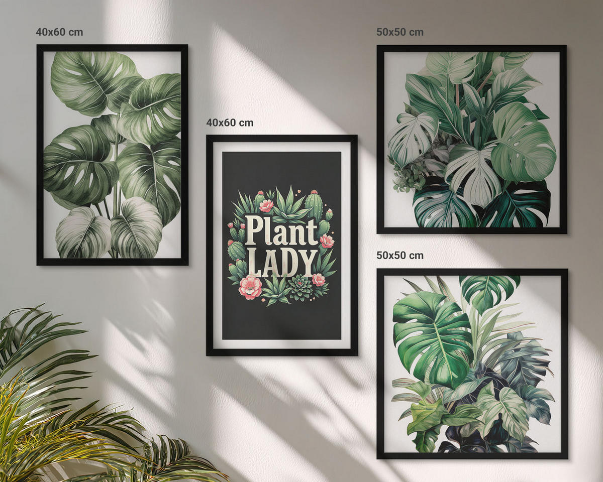 BILDER SET 4er Set - 50x50 cm & 40x60 cm Schwarzer Rahmen - Tropische Pflanzen, Pflanzenliebhaberin - Schwarz, Kunststoff (50/50cm) - TULUP