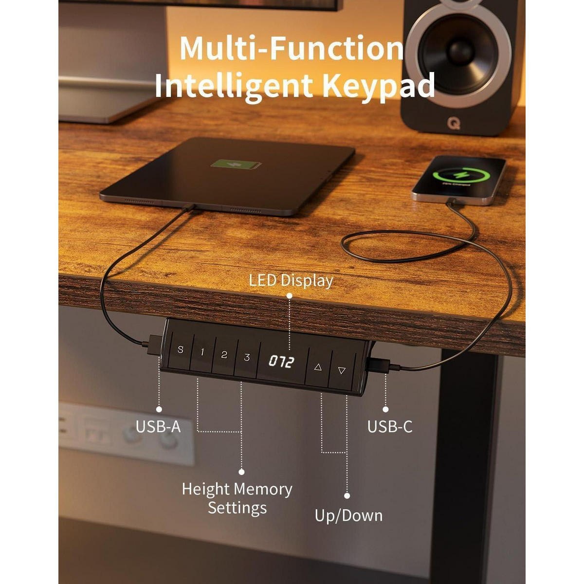 SCHREIBTISCH höhenverstellbar elektrisch 100 x 60 cm Braun mit USB-Anschlüssen - Braun, Holzwerkstoff (60/100/72cm)