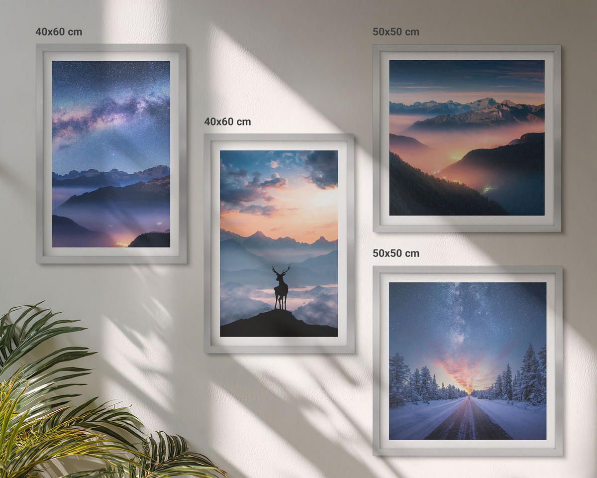 BILDER SET 4er Set - 50x50 cm & 40x60 cm Silberner Rahmen - Nachthimmel Berge Nebel Hirsch - Silberfarben, Kunststoff (50/50cm) - TULUP