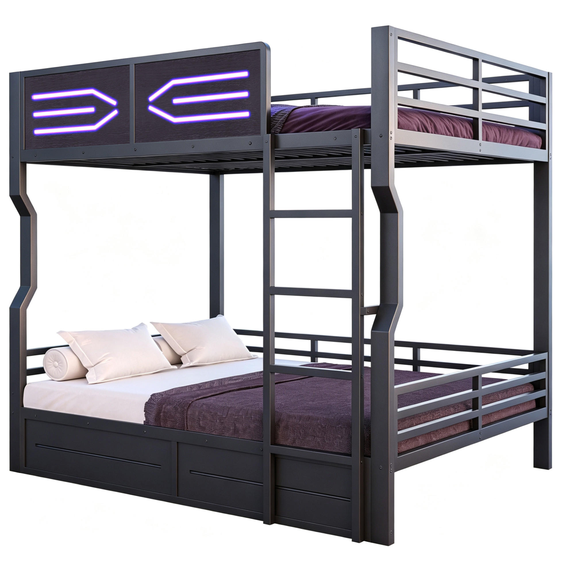 ETAGENBETT Metall & MDF 140x200 cm Schwarz mit LED-Beleuchtung und Treppe - Schwarz, Holzwerkstoff (140/200cm) - Modfu