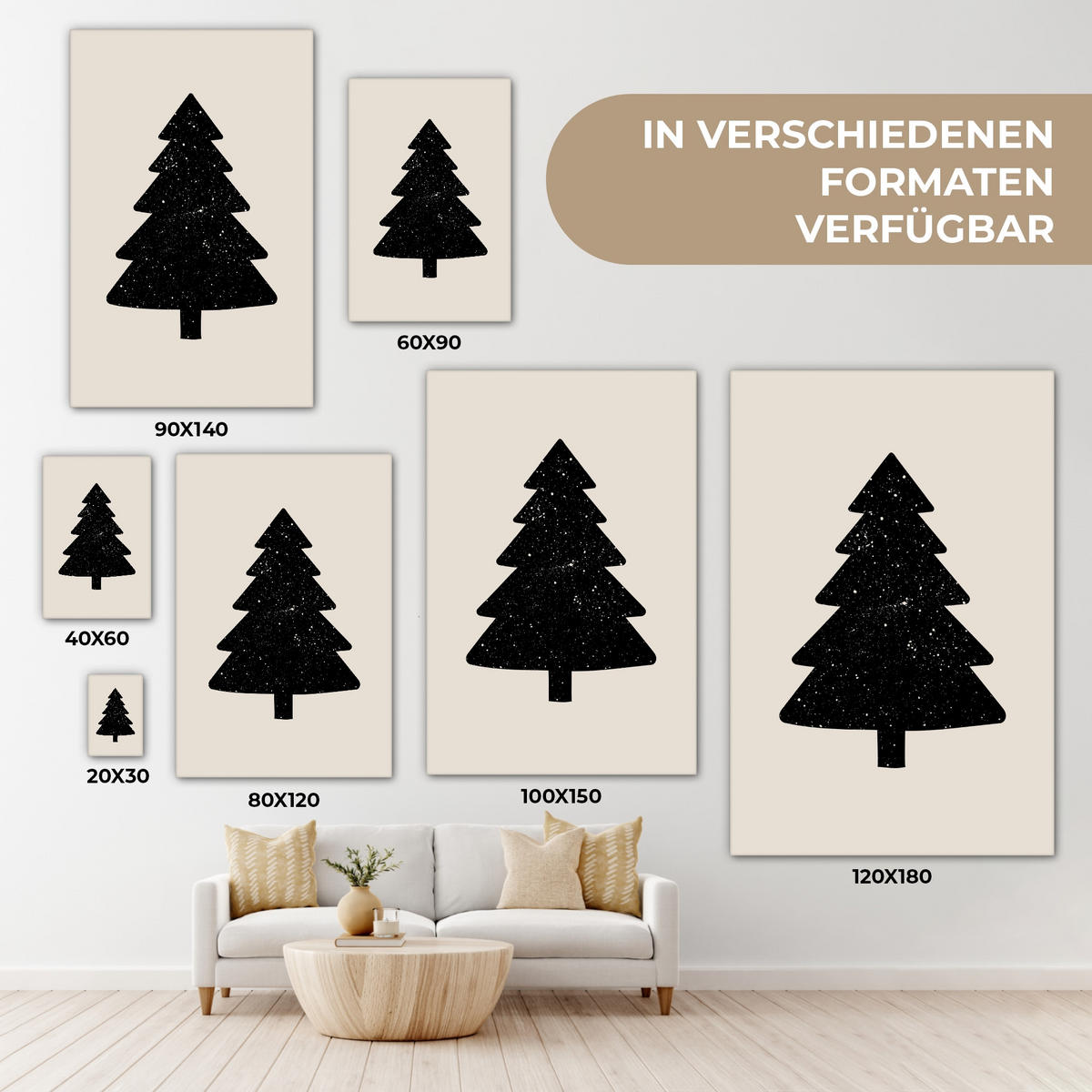 LEINWANDBILD Weihnachtsbaum - Schwarz - Urlaub - Beige 90x140 cm - Schwarz, Textil (90/140cm) - MuchoWow