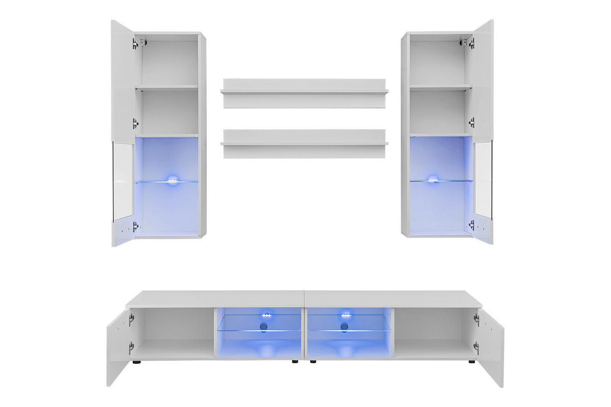 WOHNZIMMERSET VARALLO, 6er-Set, Weiß, Front Eiche Wotan , LED Blau - Eiche Wotan/Schwarz, Glas/Holzwerkstoff (200/190/45cm) - Komodee