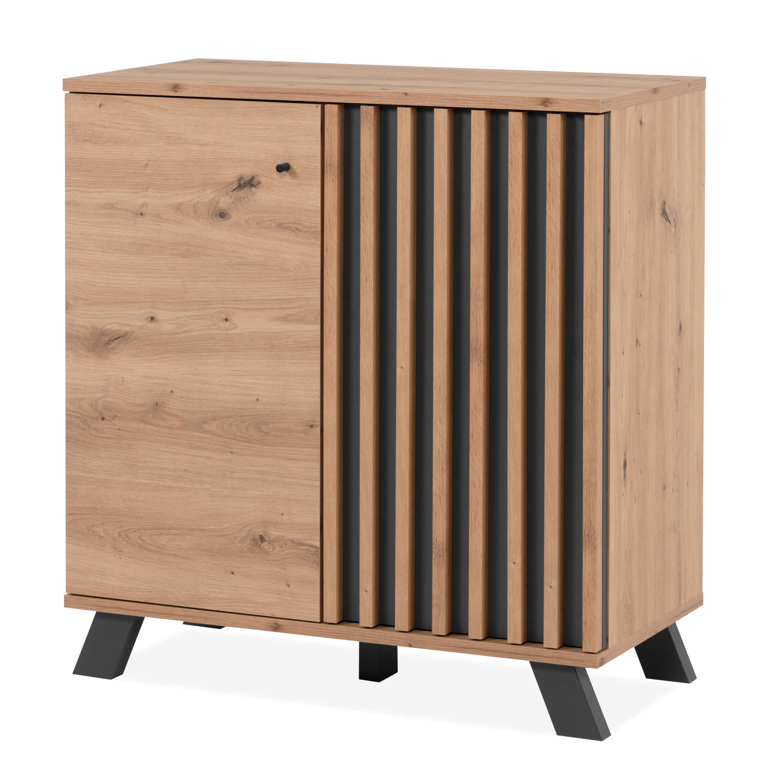 KOMMODE Eiche Artisan, grau 80 cm, Anrichte mit 3D-Lamellen, Industrial Design - Anthrazit/Schwarz, Holzwerkstoff/Metall (80/85/40cm) - Furn.Design