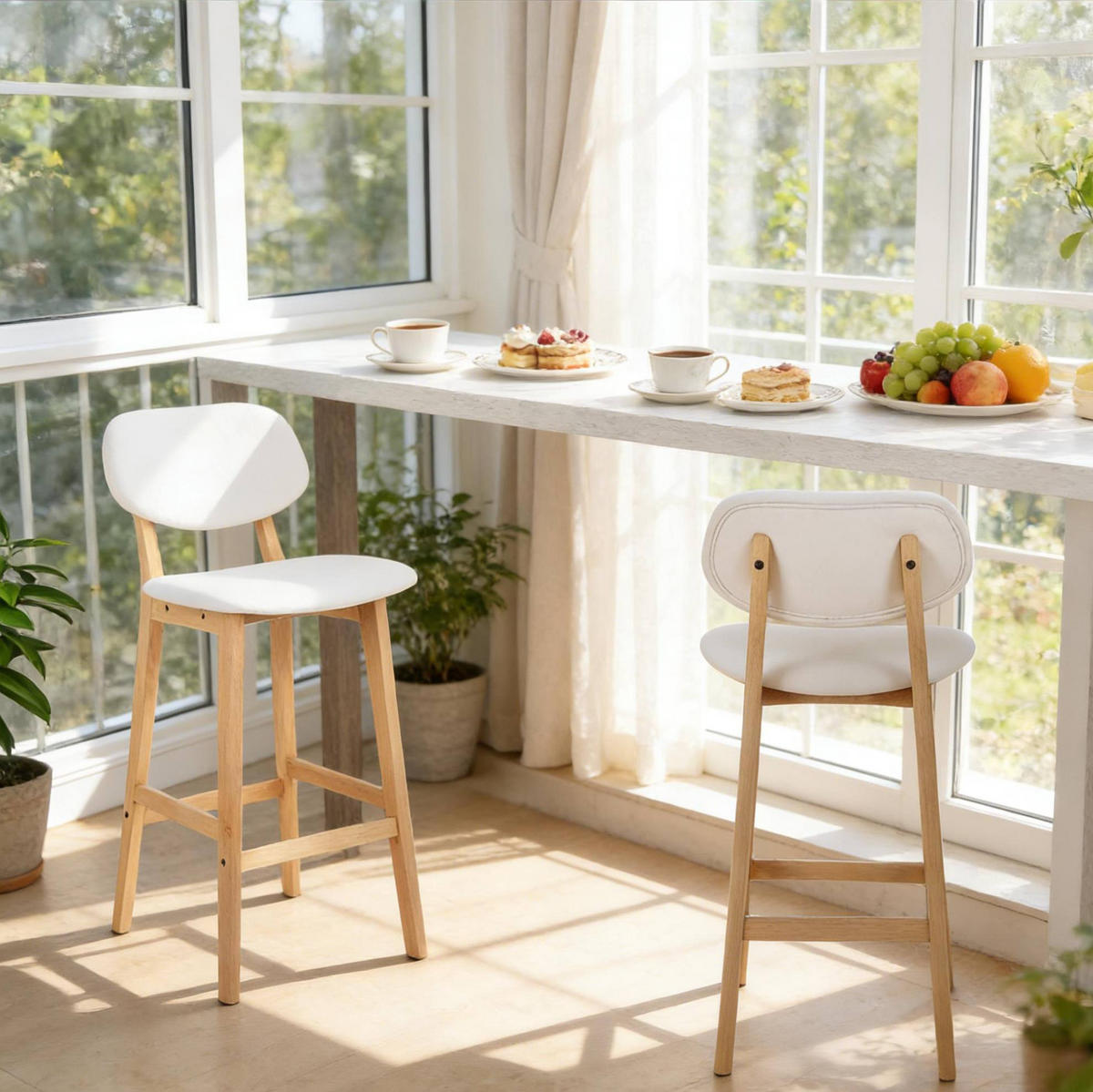 BARHOCKER 2er-Set Weiß mit Rückenlehne aus Kunstleder und Massivholz - Weiß, Holz (37.5/91.5/43cm) - MIVRAY
