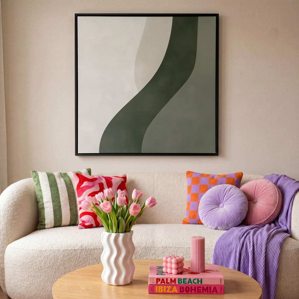 LEINWAND Bilder mit Rahmen - Japandi - Grün - Abstrakt - Modern - 90x90 - Salbeigrün, Textil (90/90cm) - MuchoWow