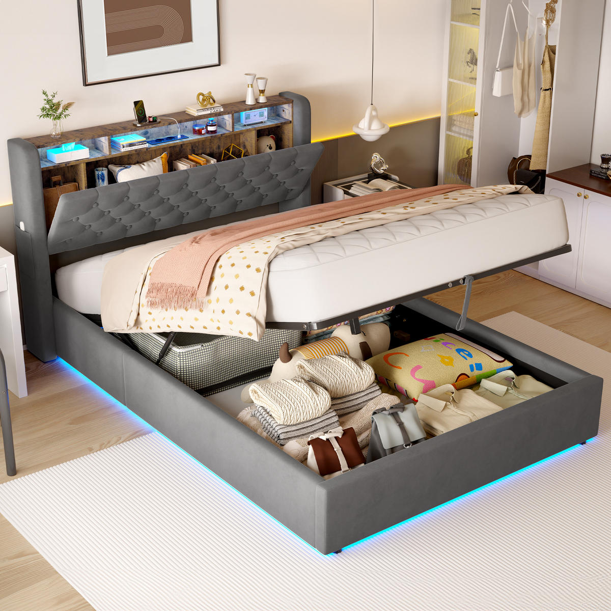 POLSTERBETT aus Samt 140x190 cm Grau mit LED-Beleuchtung & USB-Anschlüsse mit hydraulischem Stauraum - Grau, Textil (140/190cm) - Modfu