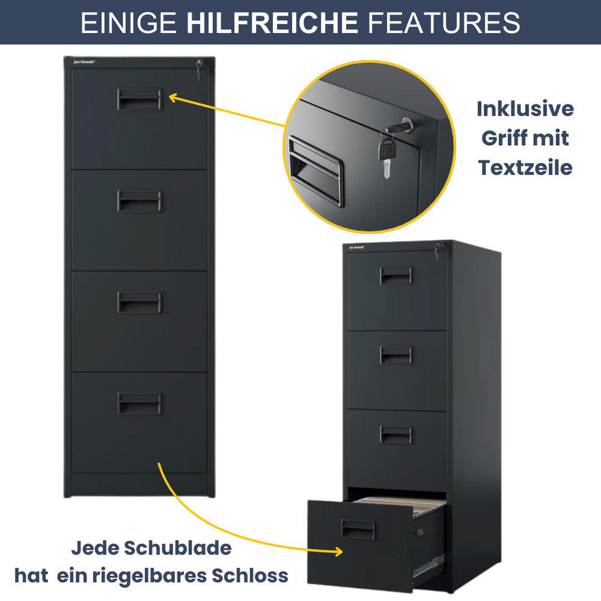 HÄNGEREGISTERSCHRANK abschließbar TION 4 Schubladen 132x46x62cm Anthrazit - Anthrazit, Metall (46/132/62cm) - DELUKE