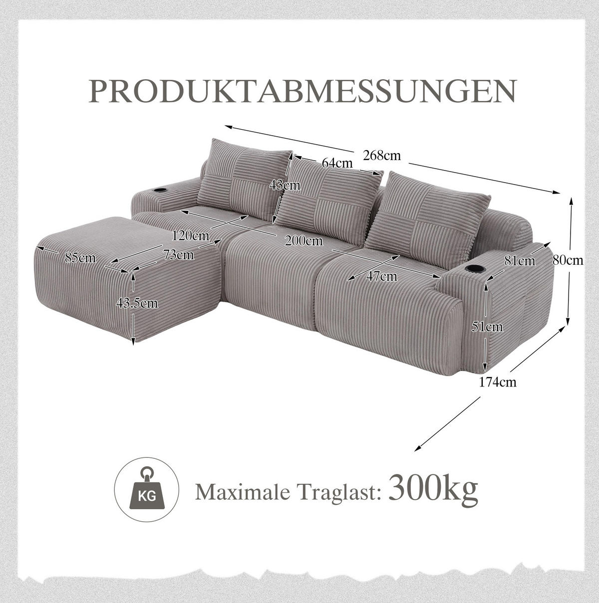 ECKSOFA 268/174/80 cm hellgrau aus Cord mit Cupholder und Seitentasche - Hellgrau, Textil (174/268cm) - OKWISH