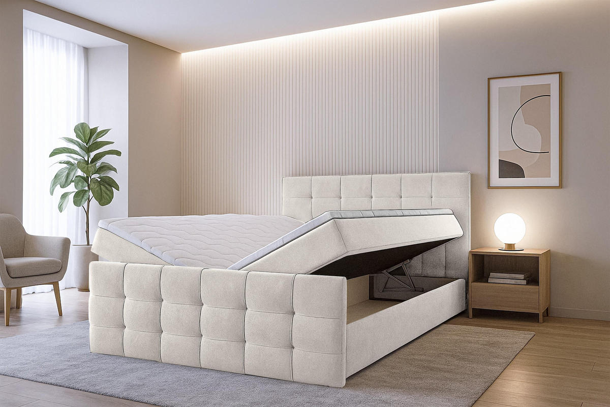 BOXBETT ARGENTARO 160x200 cm mit Bettkasten und Matratze - Beige - Beige/Schwarz, Holz/Holzwerkstoff (160/200cm) - AX Living