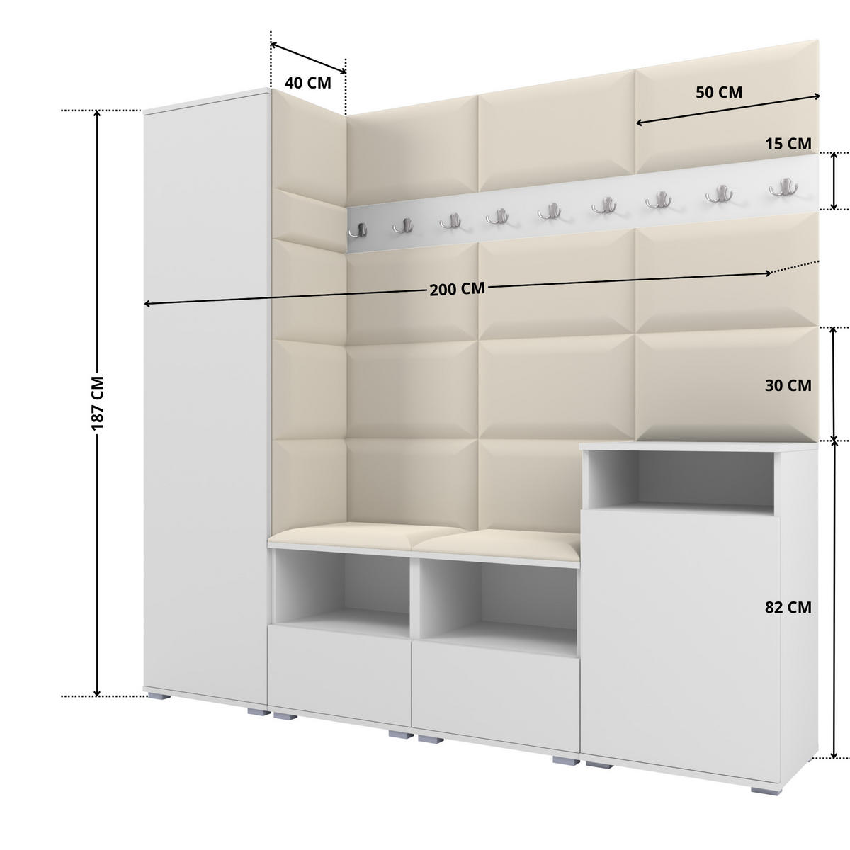 GARDEROBE NELA X 200 cm (Modulare Flurmöbel Weiß mit Sitzpolster Creme 01 Schrank + Sidelboard) - Silberfarben/Creme, Holz/Holzwerkstoff (200/187/40cm) - Ravio