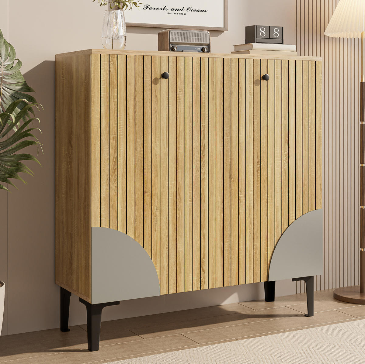 SCHUHSCHRANK 90/32/94 cm in Holzoptik mit 3 Türen und schwarzem Fußgestell - Naturfarben, Holzwerkstoff (90/94/32cm) - BEAOK