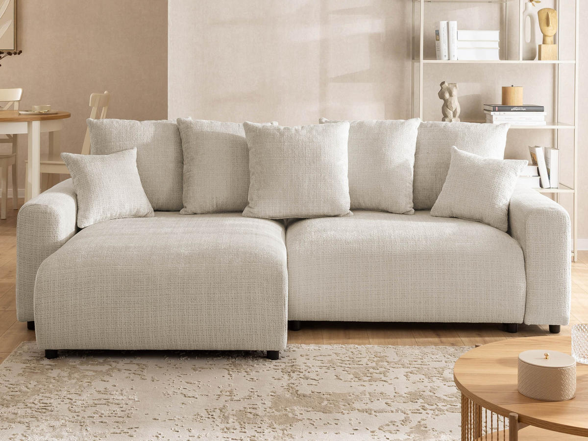 ECKSOFA Calma mit Schlaffunktion und Bettkasten im Bumpy-Design aus weichem Beige Chenille-Stoff - Ottomane links - Beige/Schwarz, Holz/Kunststoff (140/239cm) - S-Style Möbel