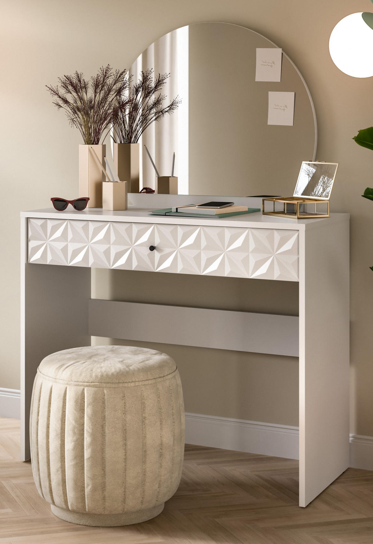 SCHMINKTISCH weiß Hochglanz 90 cm, Kosmetiktisch mit Spiegel - Weiß Hochglanz/Schwarz, Glas/Holzwerkstoff (39/133/90cm) - Inn.Furn