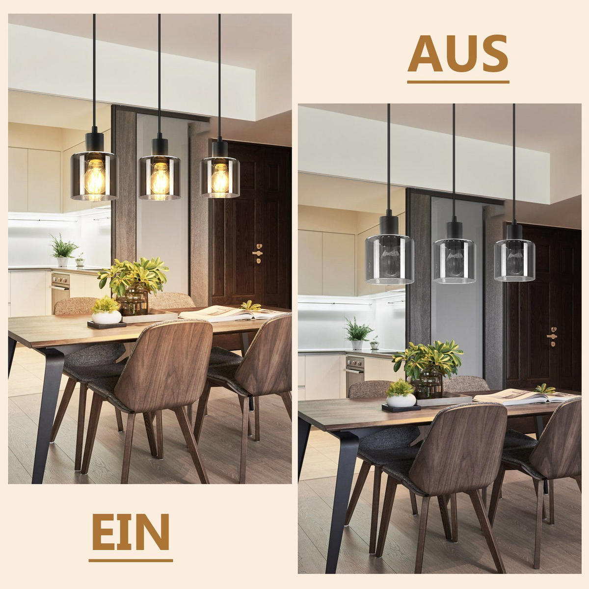 HÄNGELEUCHTE Klassik 3-flammig 68/11/195 cm - Grau, Glas (68/11/195cm) - Nettlife