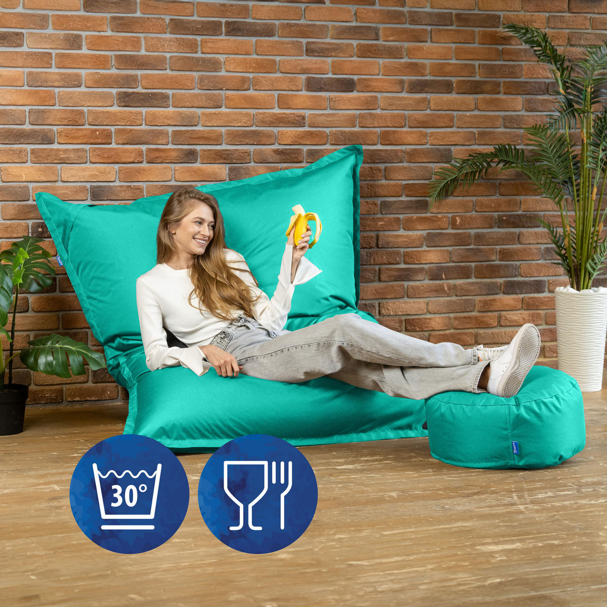 SITZSACK XXL Caree türkis, 140x180cm groß für Outdoor - Türkis, Textil (180/140/30cm) - Bruni
