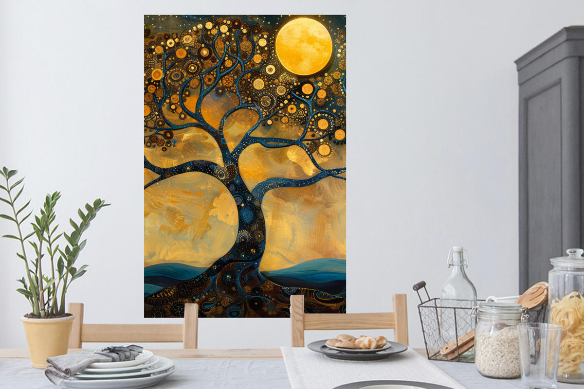 WANDTATTOO Baum - Mond - Blumen - Gold - Kunst 80x120 cm - Orange, Kunststoff (80/120/0.1cm) - MuchoWow