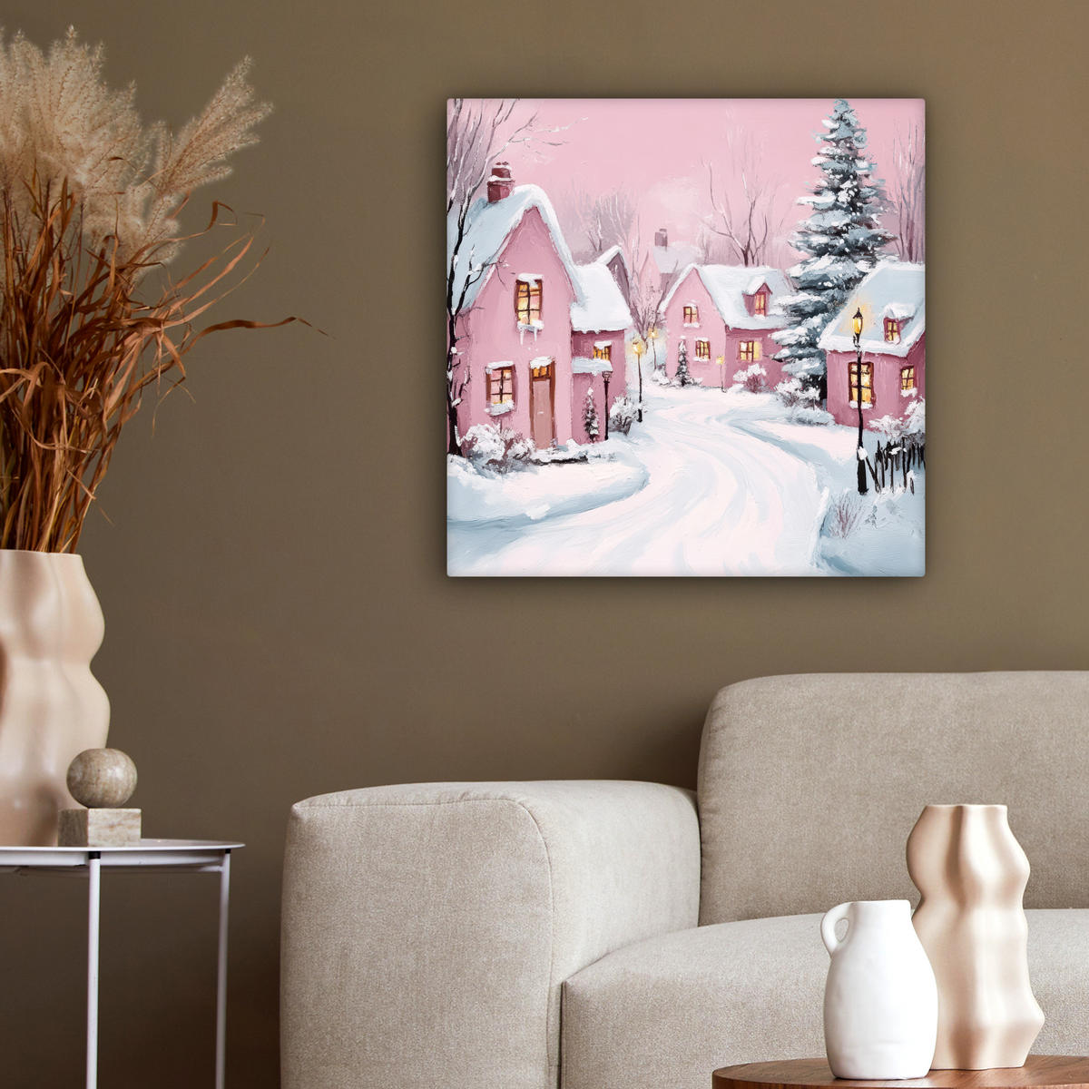 LEINWANDBILD Weihnachtsdorf - Rosa - Winter - Schnee - Häuser 50x50 cm - Altrosa, Textil (50/50cm) - MuchoWow