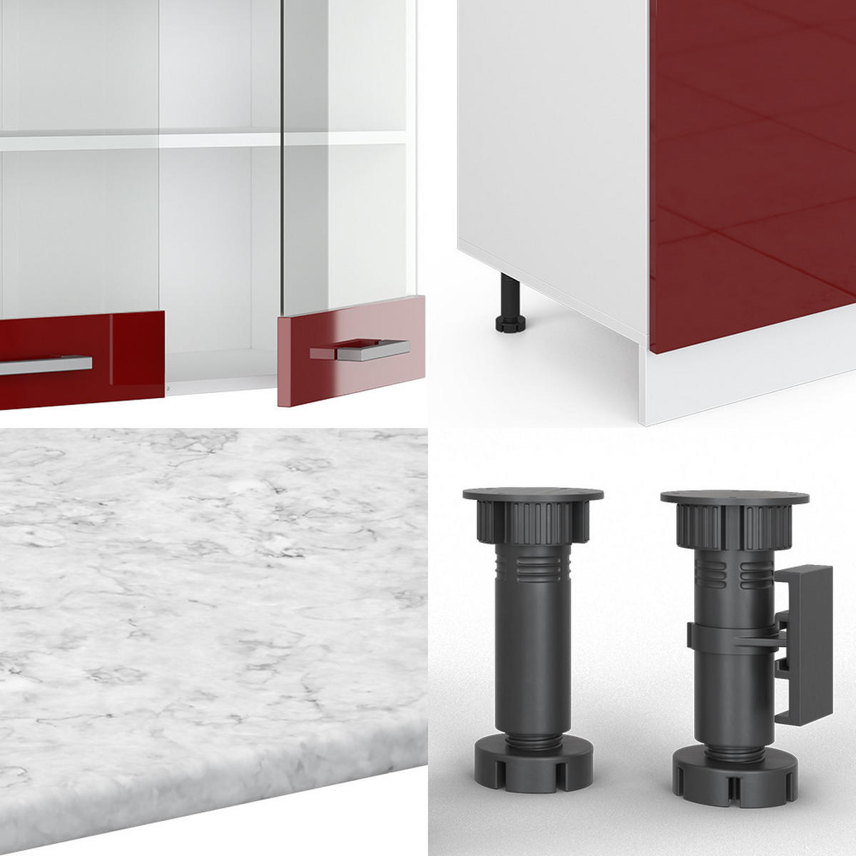KÜCHENZEILE R-Line Bordeaux Hochglanz/Weiß 300 cm mit Hochschrank AP Eiche - Bordeaux/Weiß, Holzwerkstoff (300/81.6/60cm) - Vicco