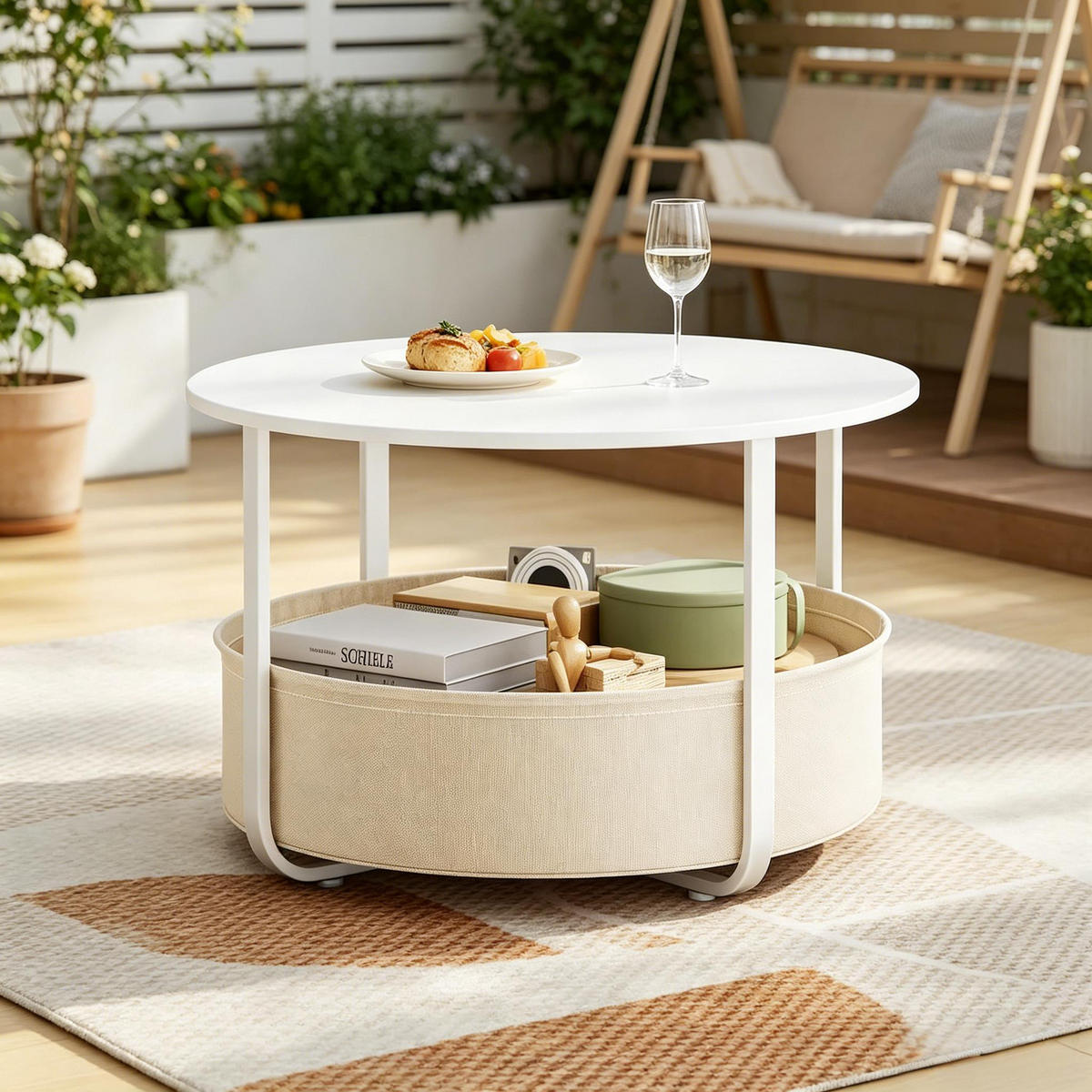 COUCHTISCH DE-37243 rund mit Leinwandkorb Weiß - Weiß, Metall (80/80/50cm) - ComfortXL