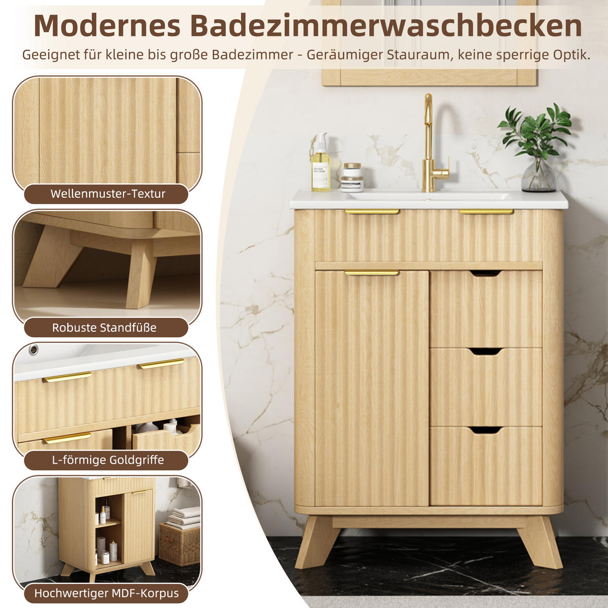 BADEZIMMERSCHRANK Wellenoptik Holzton 3 Schubladen Schiebetür 61cm - Naturfarben, Keramik (61/90/47cm) - FLIEKS