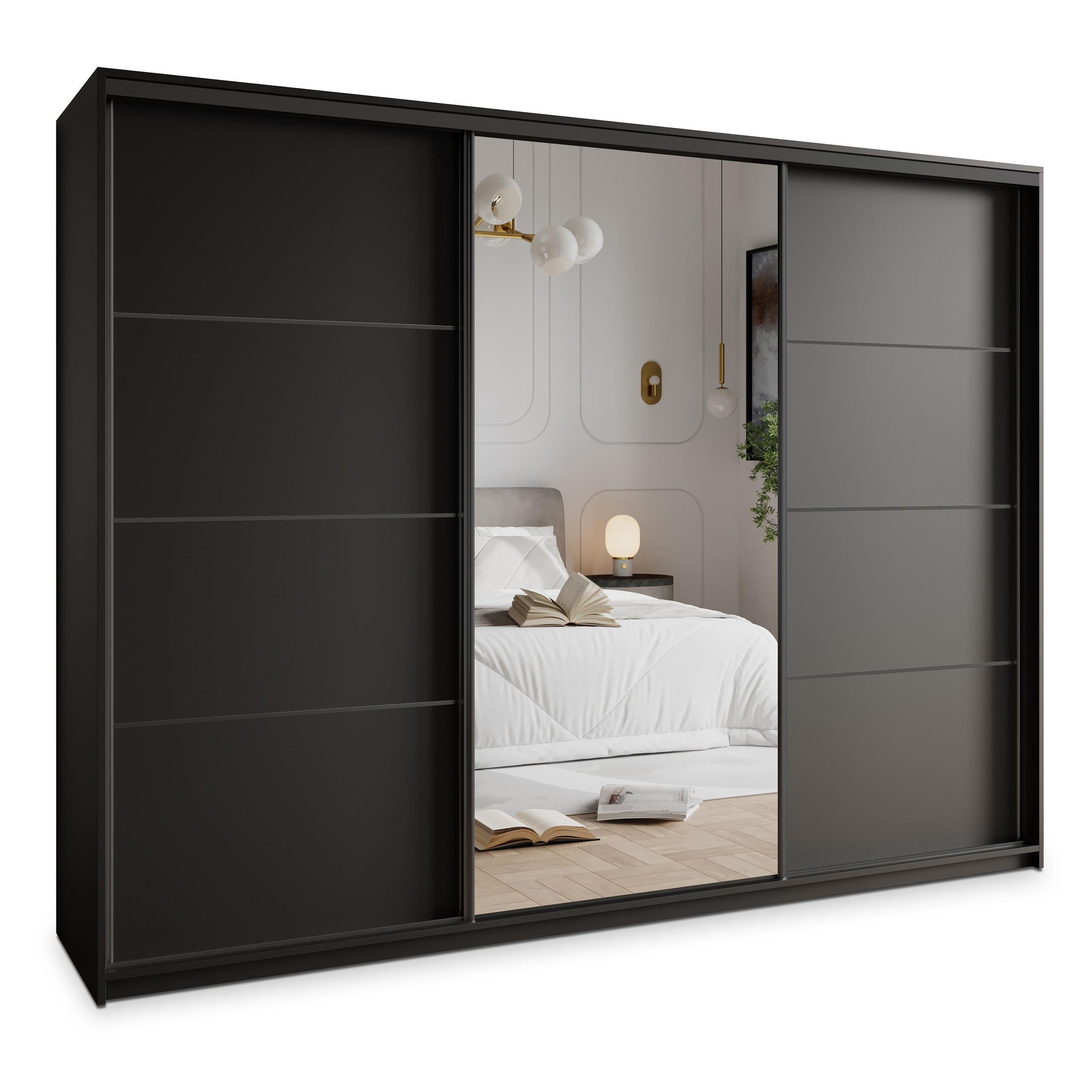 SCHWEBETÜRENSCHRANK VARO 250/205/60 cm 3-türig mit Spiegel und Schubladen Schwarz - Schwarz, Holzwerkstoff (250/205/60cm) - MASSENO