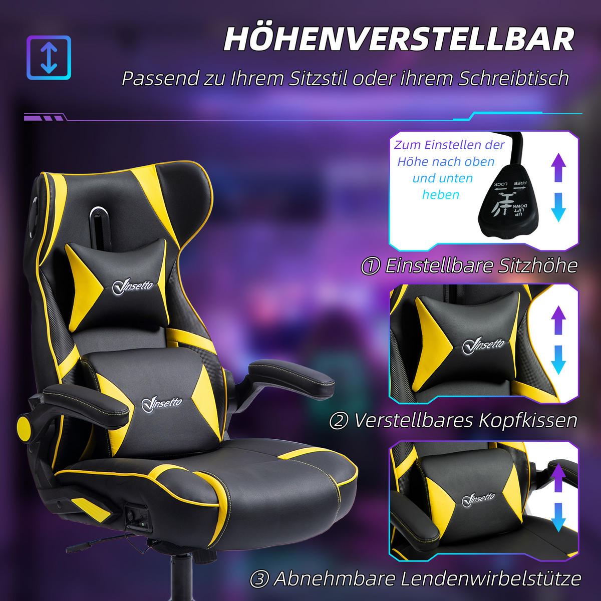 GAMING-STUHL mit Wippen- und Schaukelfunktion, Schwarz+Gelb - Gelb, Leder (69/118/73cm) - Vinsetto