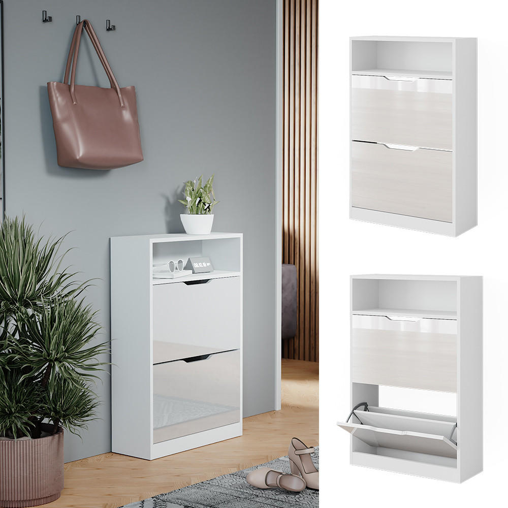 SCHUHKIPPER Luca Weiß Hochglanz 22 x 89.5 cm mit 2 Fächern - Weiß, Holzwerkstoff (59/89.5/22cm) - Vicco