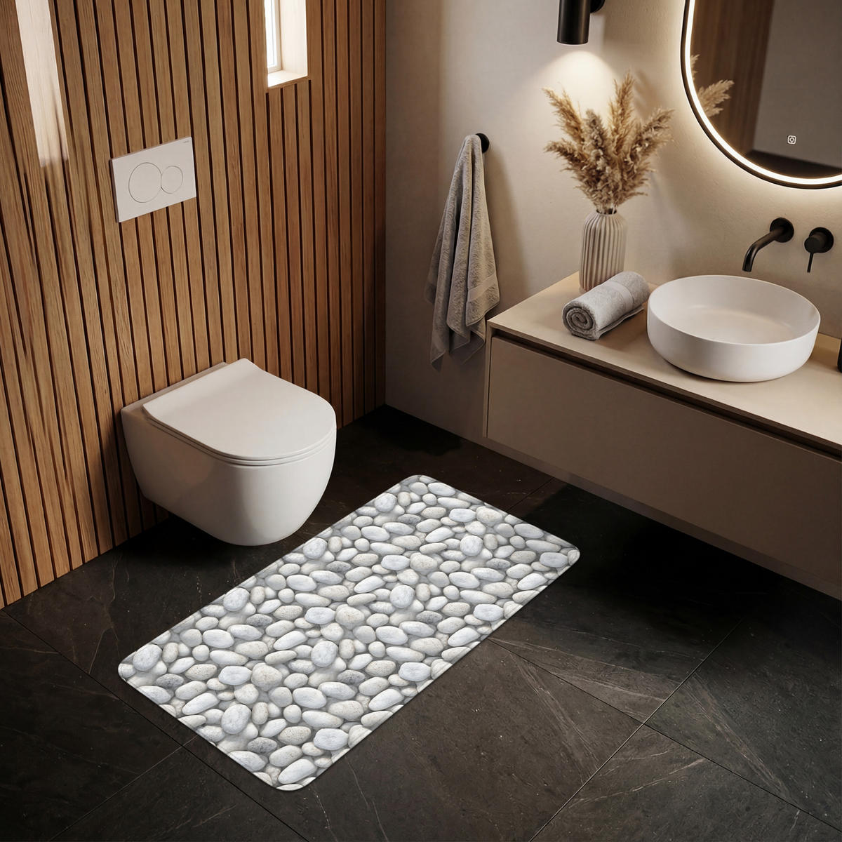 KOUPELNOVÁ PŘEDLOŽKA Kameny - šedé - oválné 120x60 cm - světle šedá, textil/plast (120/60cm) - OnlyWow