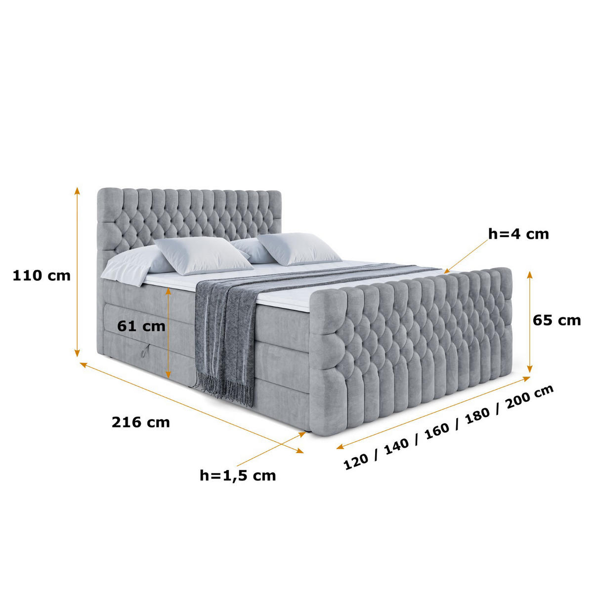 BOXSPRINGBETT SERENE-Z KING - 120 x 200 - H3/H4 - Grau - Grau, Holzwerkstoff (120/200cm) - ALTDECOR