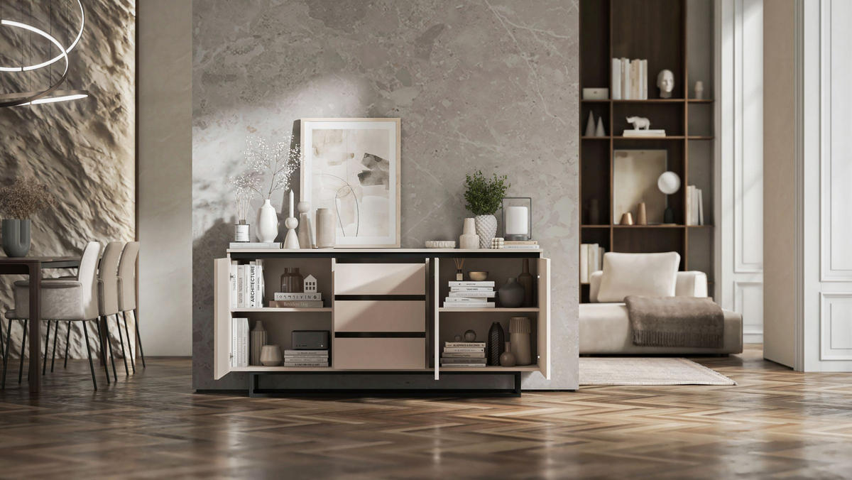 SIDEBOARD Selene 3D Kachmir Matt mit metallrahmen Glamour 167 cm - Kaschmir/Schwarz, Holzwerkstoff/Metall (167/79/35cm) - Meble Lindner