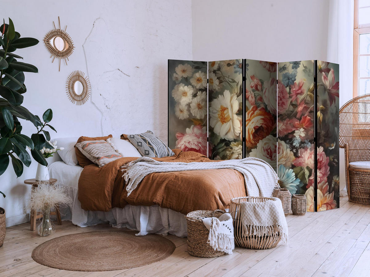 PARAVÁN Jednostranný 5-dielny 225x172 cm Divoké Kvety v Retro Štýle - viacfarebná, drevo/textil (225/172/3cm) - Muralo