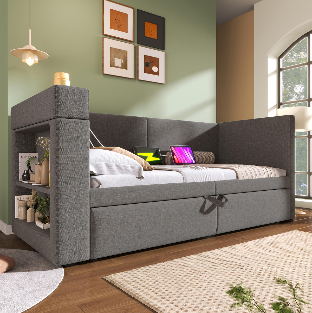 BETT 90/200 cm in Grau mit USB- und Type-C-Anschlüssen, Getränkehaltern - Grau, Textil (90/200cm) - Flora Grace
