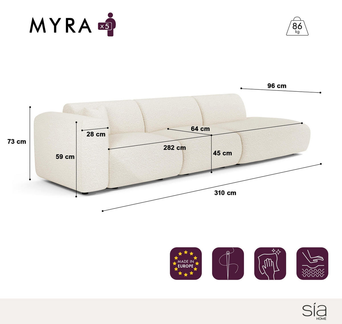 SOFA 5-Sitzer Gemusterter Samt Beige 310cm - Beige, Textil (310/73/96cm) - Sia Home