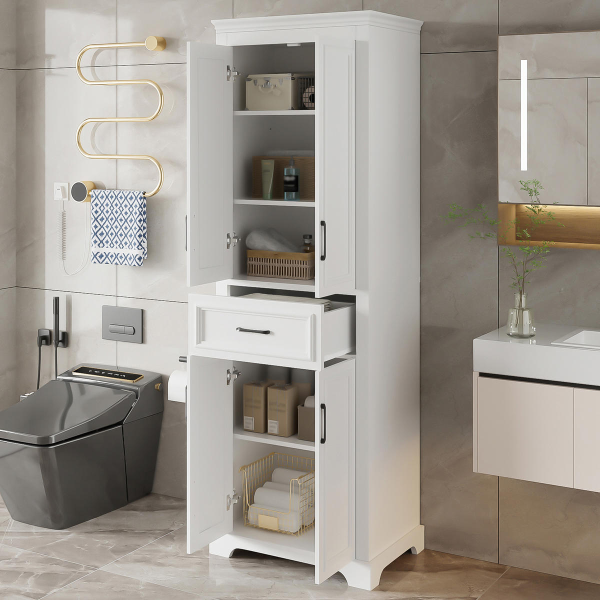 HOCHSCHRANK in Weiß Badezimmerschrank mit Doppeltüren und Schubladen für Badezimmer, B60/T40/H180 cm - Weiß, Holzwerkstoff (57.4/182/37.8cm) - STILVORA