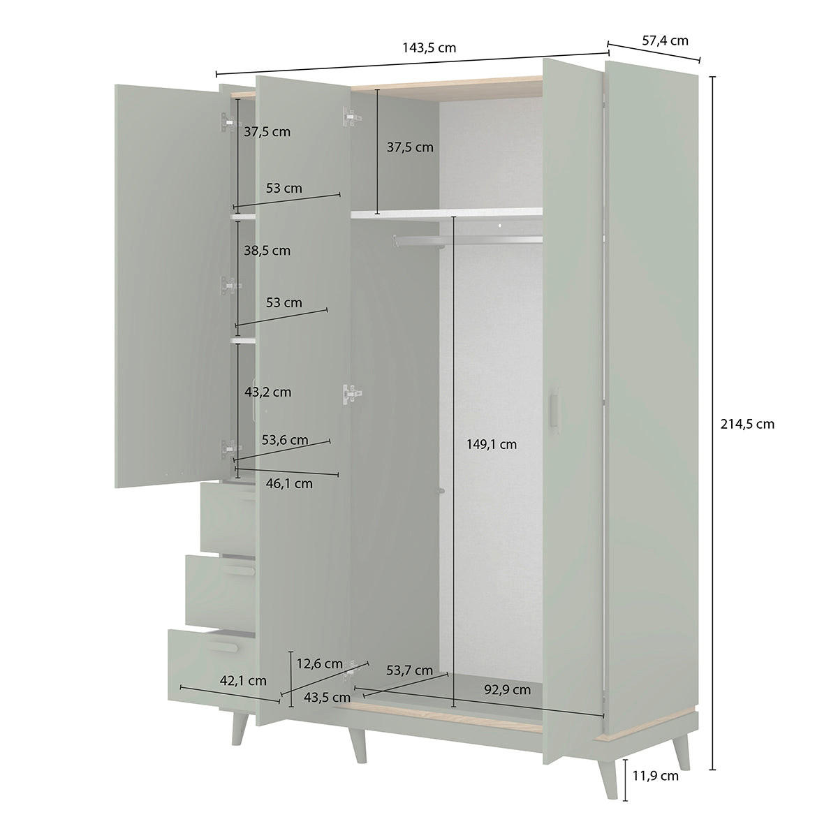 KLEIDERSCHRANK 3 Türen Sandy Grün - Grün, Holzwerkstoff (143.5/214.5/57.4cm) - Petits-meubles