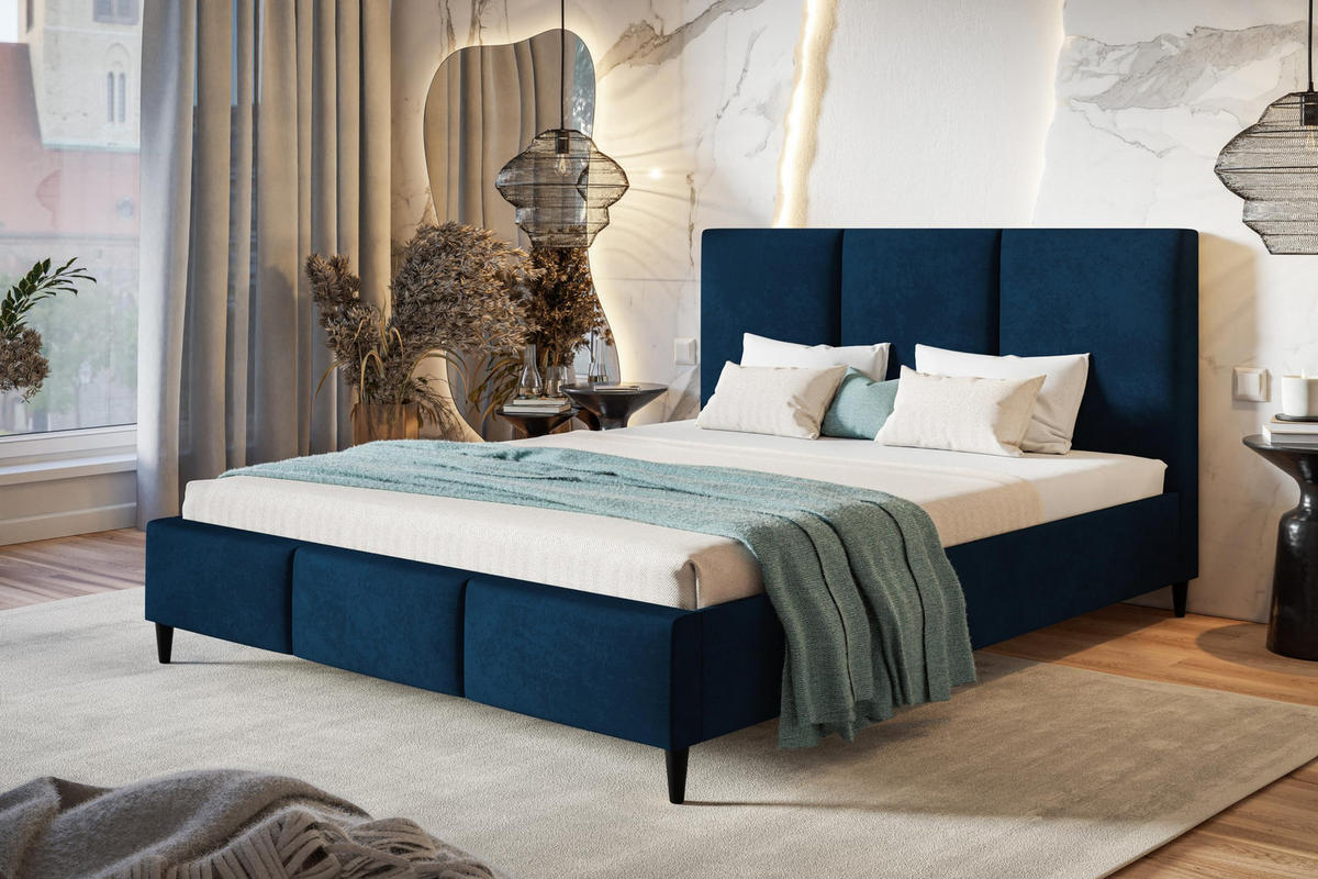 POLSTERBETT LUX Siena mit Kopfteil, 140 x 200 cm, Doppelbett mit Lattenrost aus Holz, Velourstoff Dunkelblau, Füße in Farbe: Schwarz - Dunkelblau, Holz/Textil (140/200cm) - Alpi-Möbel
