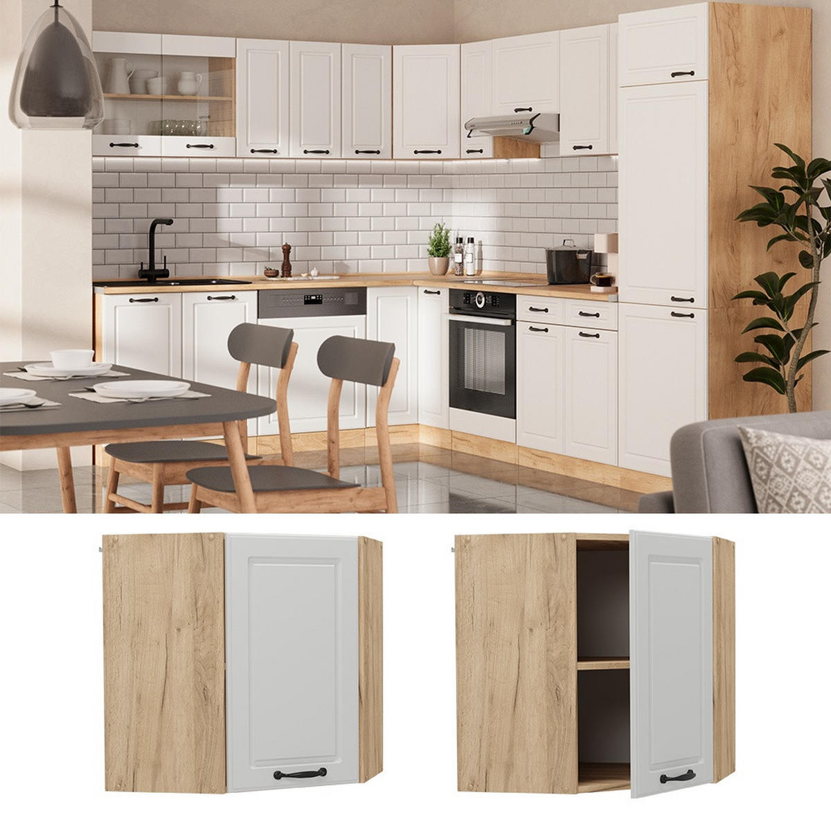 ECKHÄNGESCHRANK R-Line Weiß Landhaus 57 cm - Honigeiche/Weiß, Holzwerkstoff (57/60/31cm) - Vicco