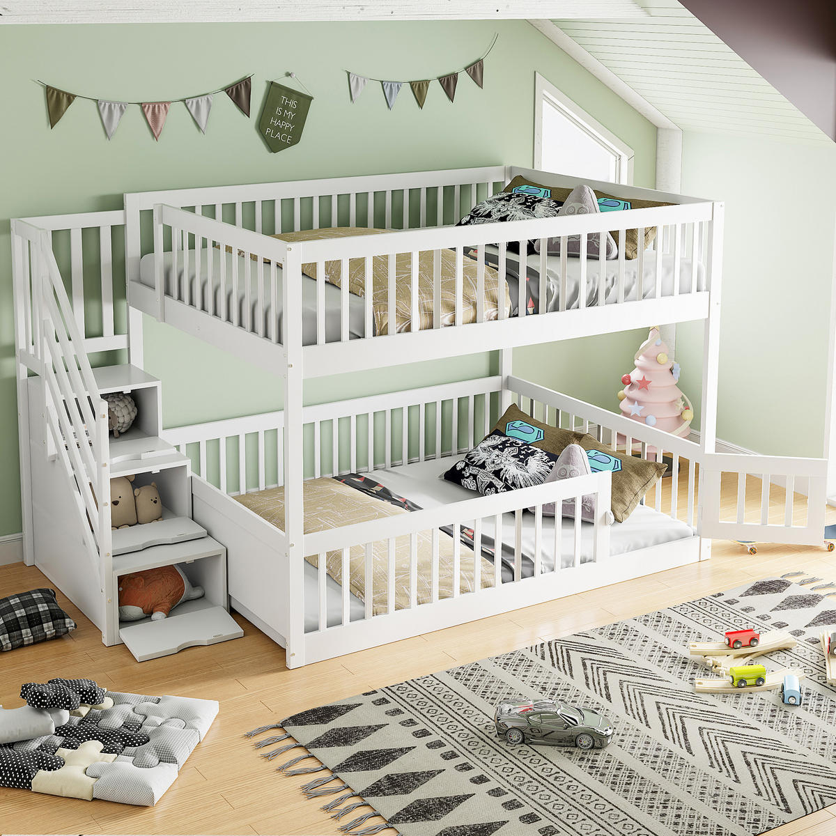 KINDERBETT aus Massivholz 140x200 cm in Weiß mit Stauraumtreppe - Weiß, Holz (140/200cm) - Modfu