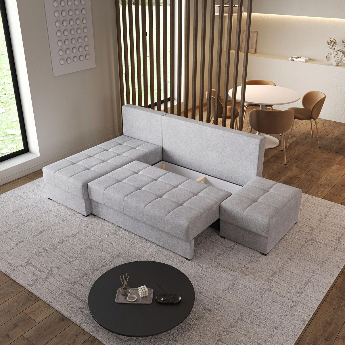 ECKSOFA NORVI Hellgrau Geflochtener Stoff mit Schlaffunktion - Hellgrau, Holz (251/143cm) - MASSENO